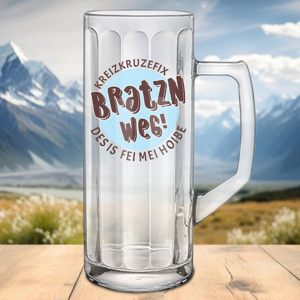 Glaskrug 0,5 ltr Facettenoptik und Druck "Bratzn weg"