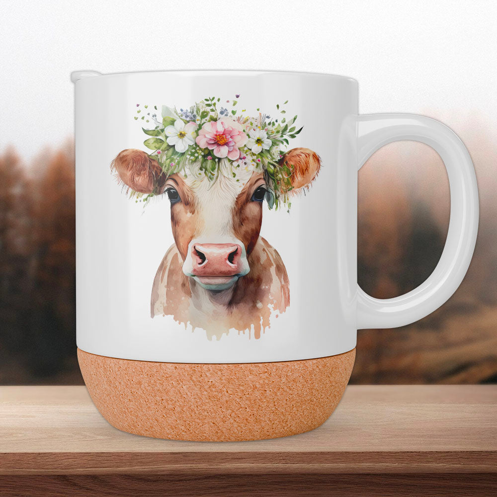 Tasse Kuh mit Kopfschmuck aus Keramik mit Korkboden - Matte Oberfläche