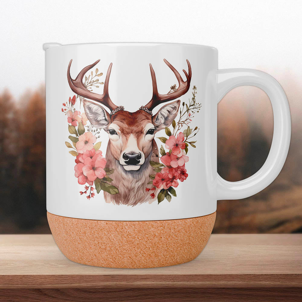 Keramiktasse mattiert mit Korkboden und Motiv Alpenhirsch