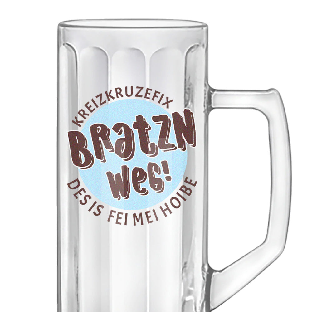 Glaskrug 0,5 ltr Facettenoptik und Druck "Bratzn weg"