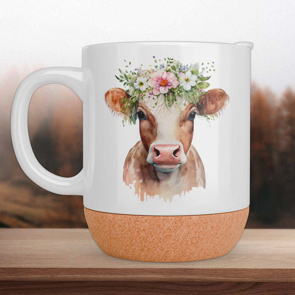 Tasse Kuh mit Kopfschmuck aus Keramik mit Korkboden - Matte Oberfläche