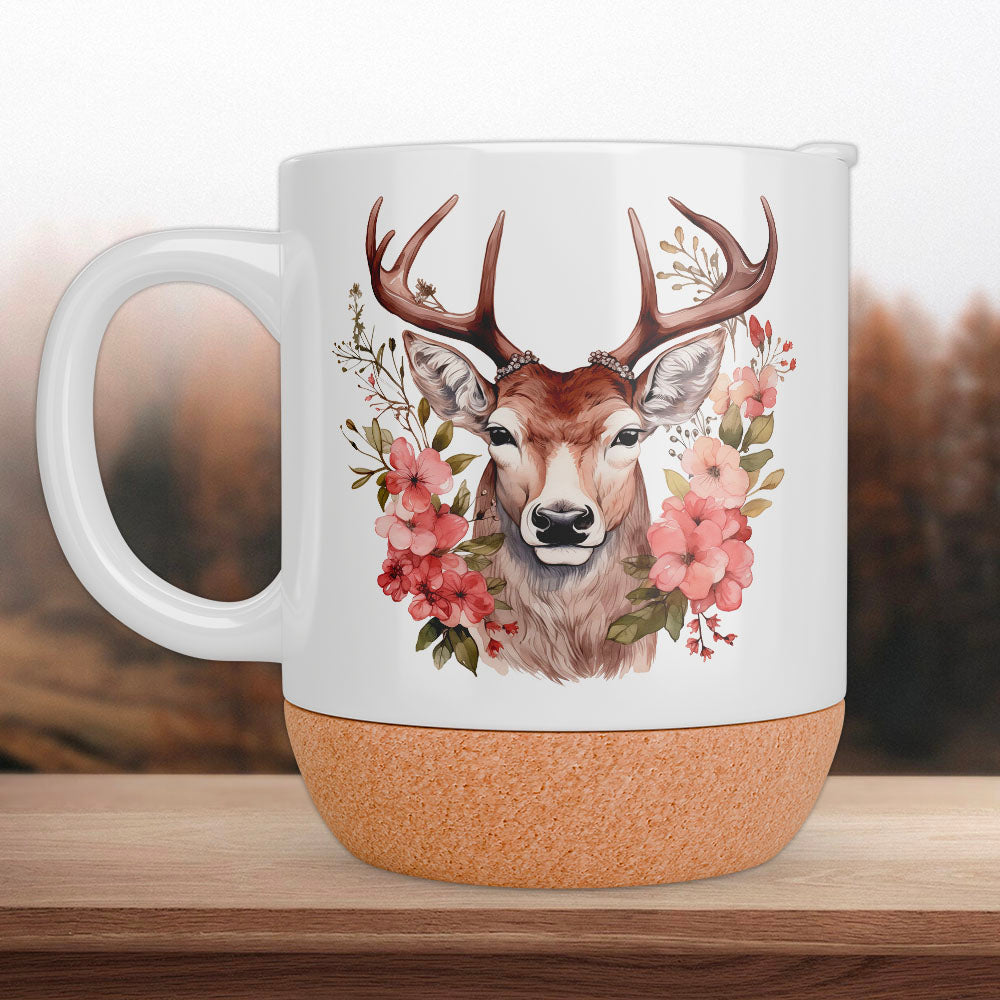 Keramiktasse mattiert mit Korkboden und Motiv Alpenhirsch