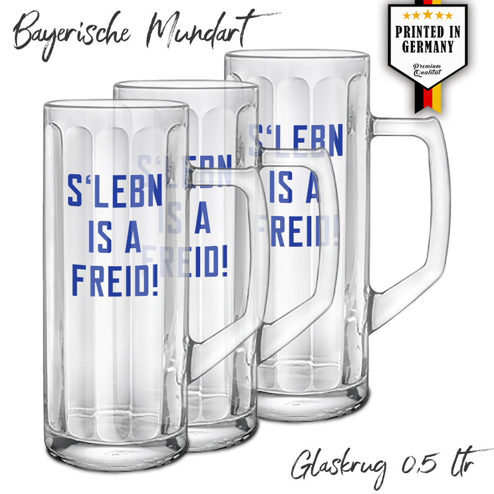 Glaskrug 0,5 ltr mit Facettenoptik und Spruch "S´ Leben is a Freid"