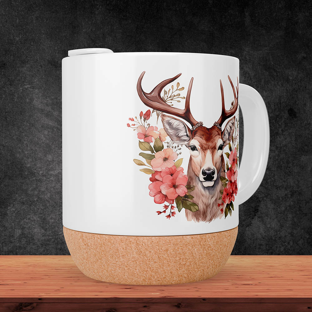 Keramiktasse mattiert mit Korkboden und Motiv Alpenhirsch