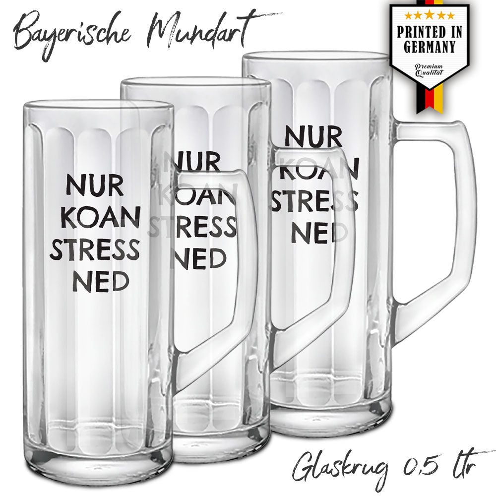 Glaskrug, Glasseidel 0,5 ltr - Nur koan Stress ned