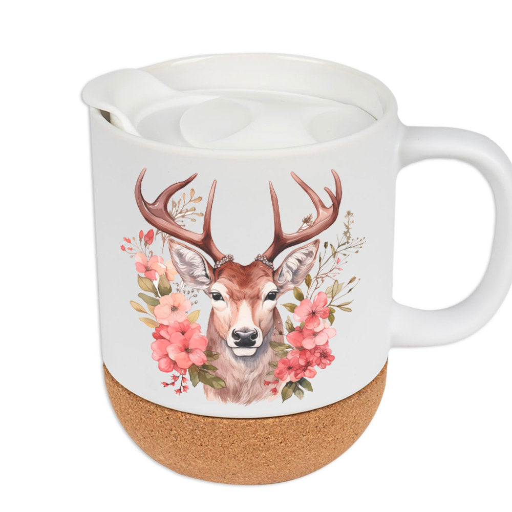 Keramiktasse mattiert mit Korkboden und Motiv Alpenhirsch