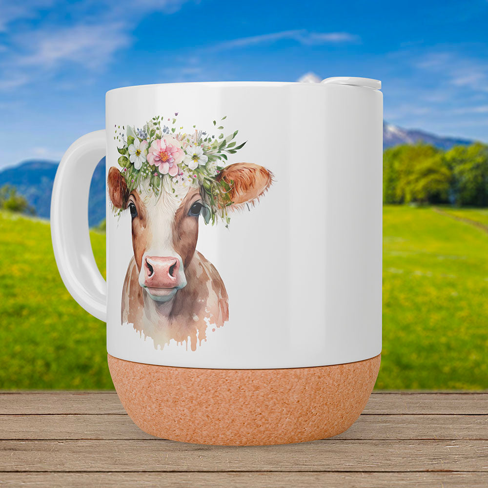 Tasse Kuh mit Kopfschmuck aus Keramik mit Korkboden - Matte Oberfläche