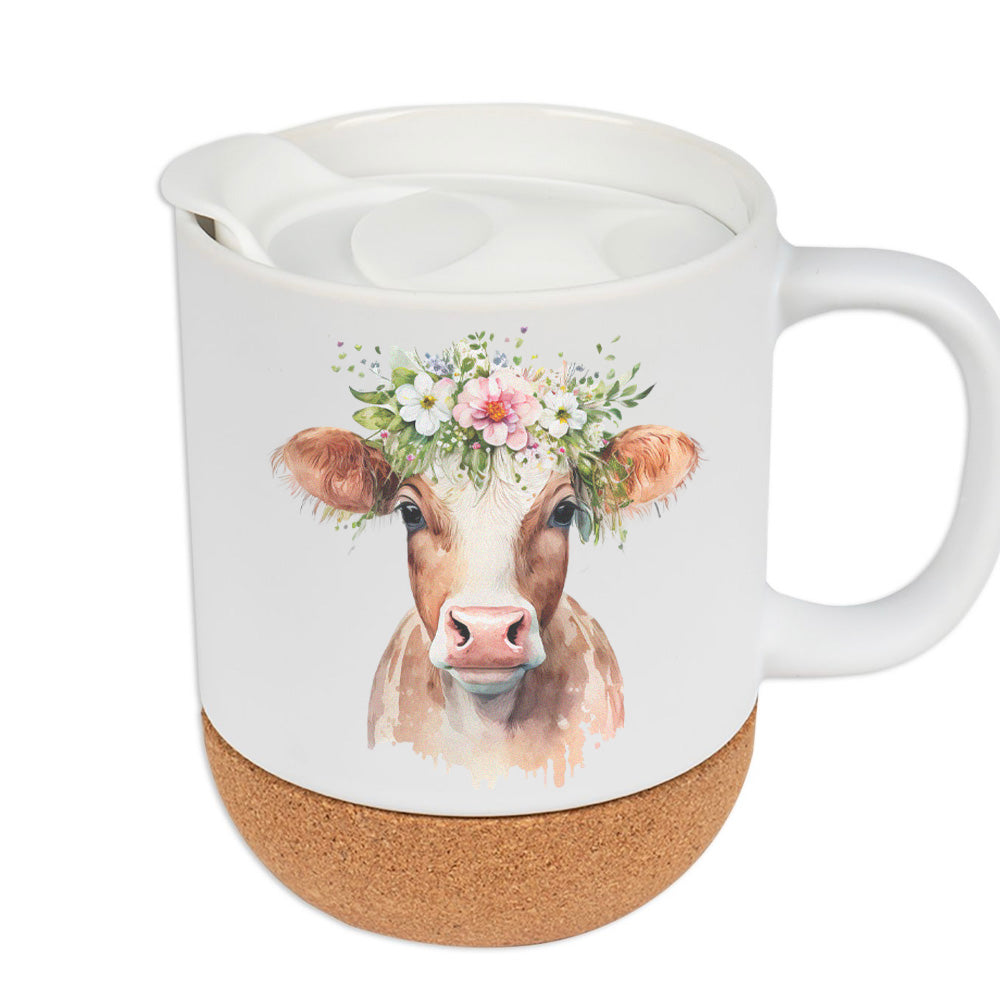 Tasse Kuh mit Kopfschmuck aus Keramik mit Korkboden - Matte Oberfläche