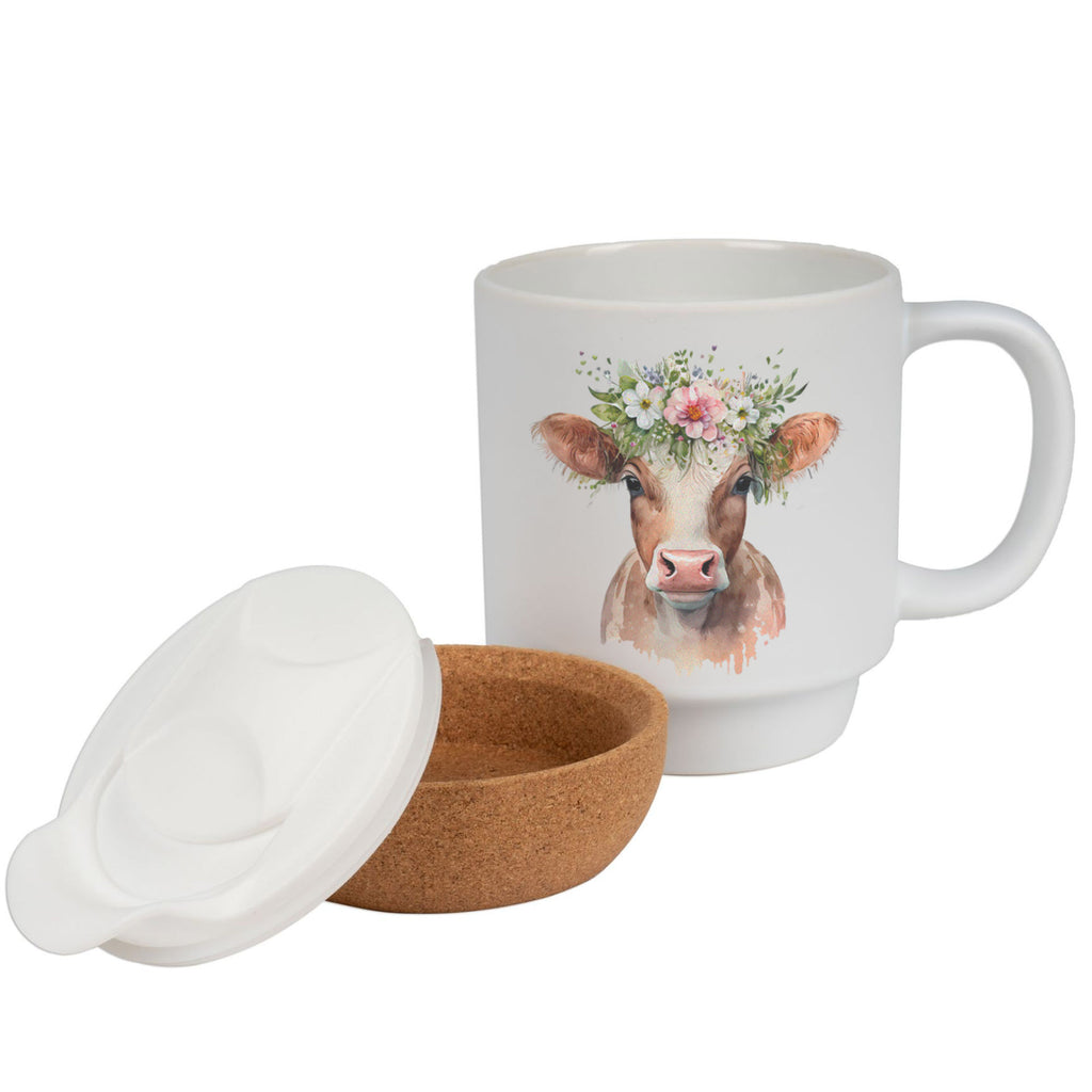 Tasse Kuh mit Kopfschmuck aus Keramik mit Korkboden - Matte Oberfläche