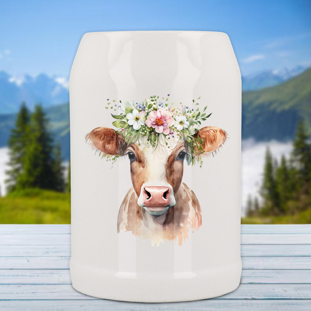 Bierkrug 0,5 weiß Alpenkuh mit Blumenkranz