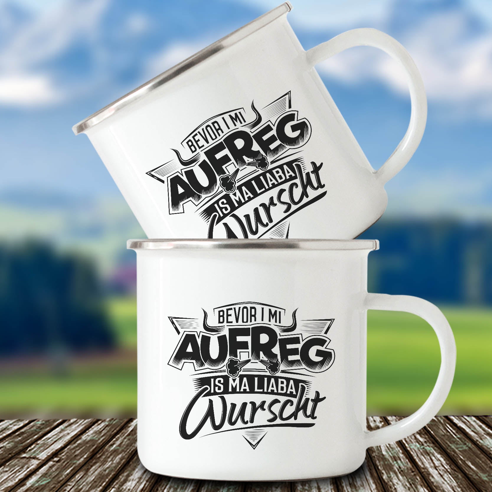 Emaillebecher mit Bayern Druck bevor i mi aufreg 