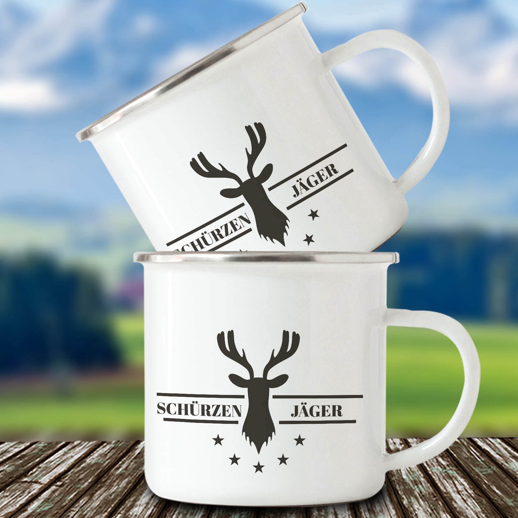 Emailletasse Schürzenjäger mit Hintergrund