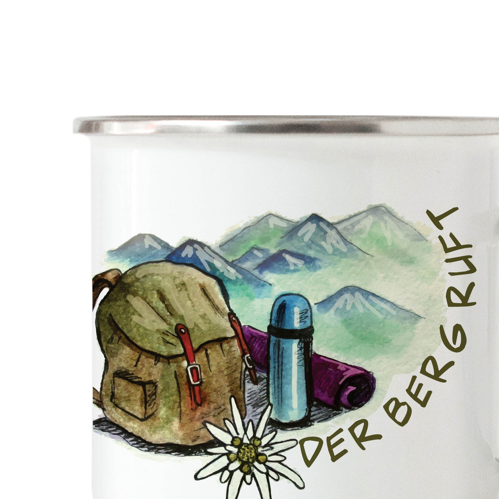 Emailletasse der Berg ruft Ansicht im Detail